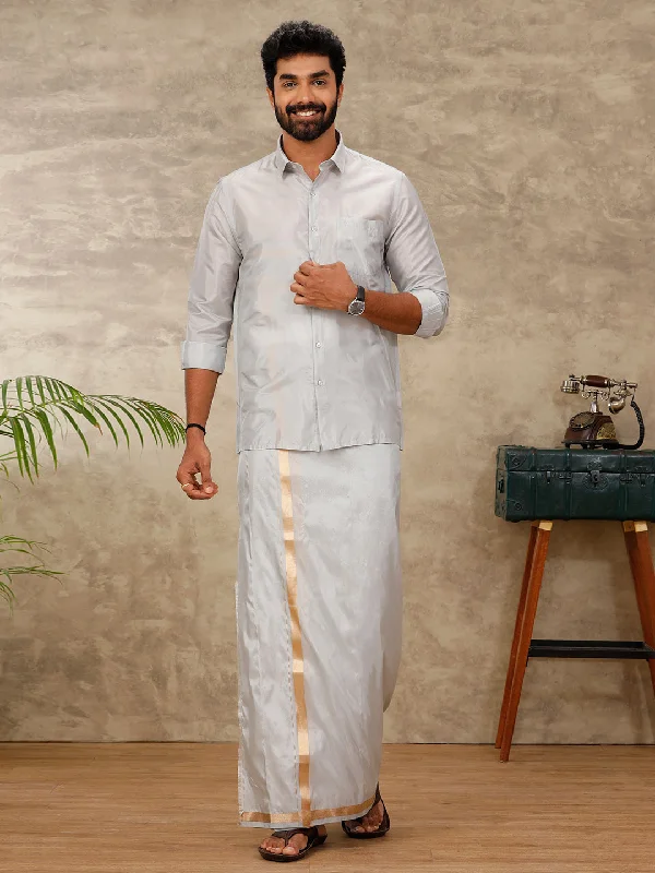 Men Art Silk Silver Grey Shirt & Dhoti Towel Set Swayamvara