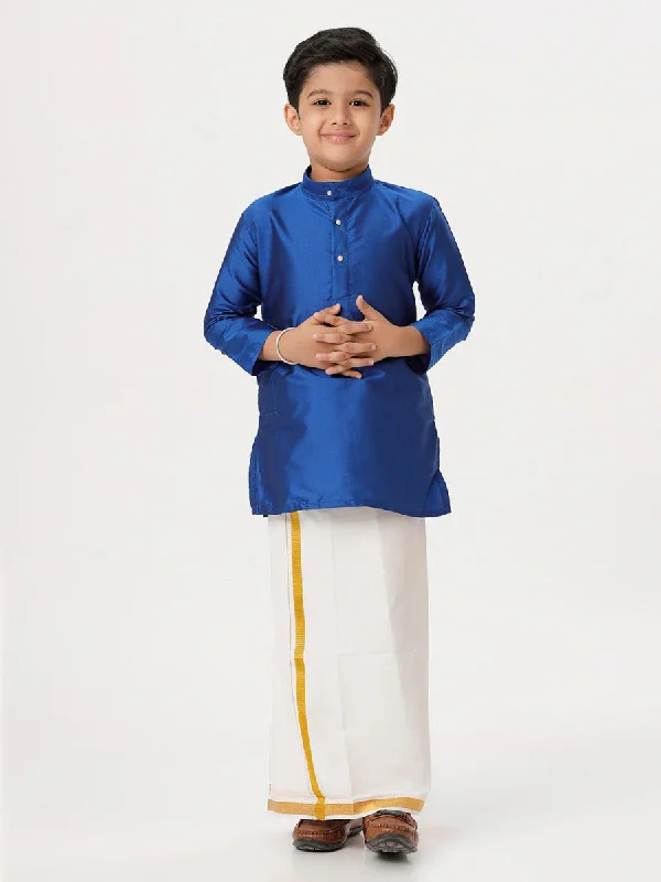 Boys Silk Cotton Full Sleeves Royal Blue Kurta with Gold Jari Dhoti Combo