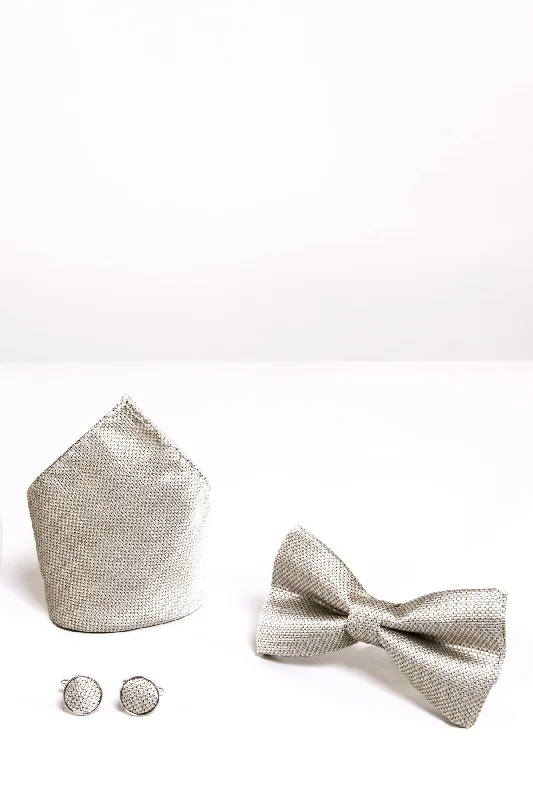 Champagne Birdseye Print Bow Tie, Cuff link and Pocket Square Set