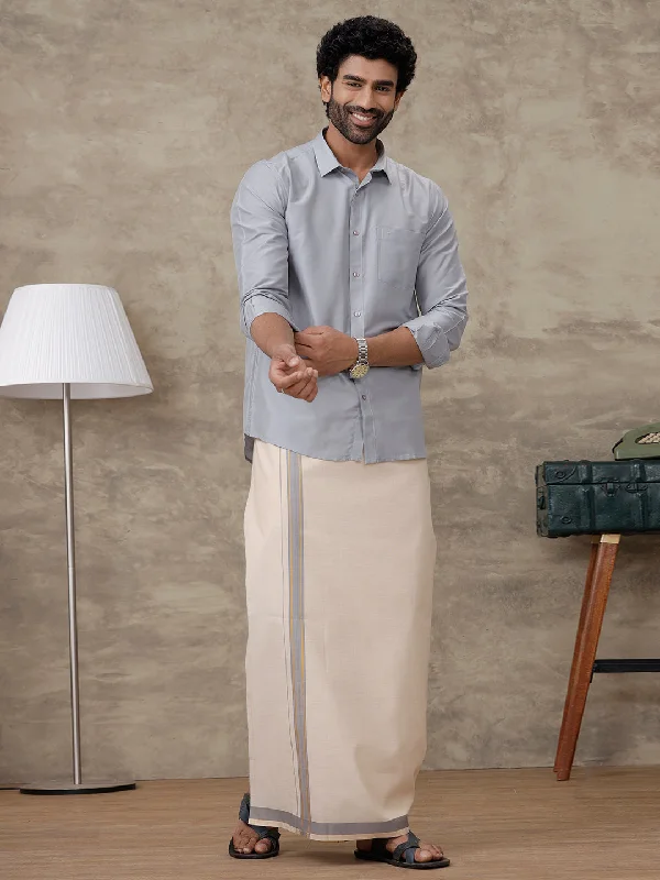 Men Grey Silk Cotton Shirt With Matching Border Tissue Dhoti Set CCB Fortune