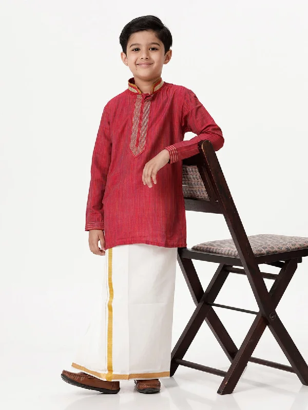 Boys Emerald Full Sleeves Red Kurta with Dhoti Combo