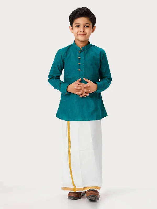 Boys Breeze Cotton Full Sleeves Peacock Green Kurta with Dhoti Combo