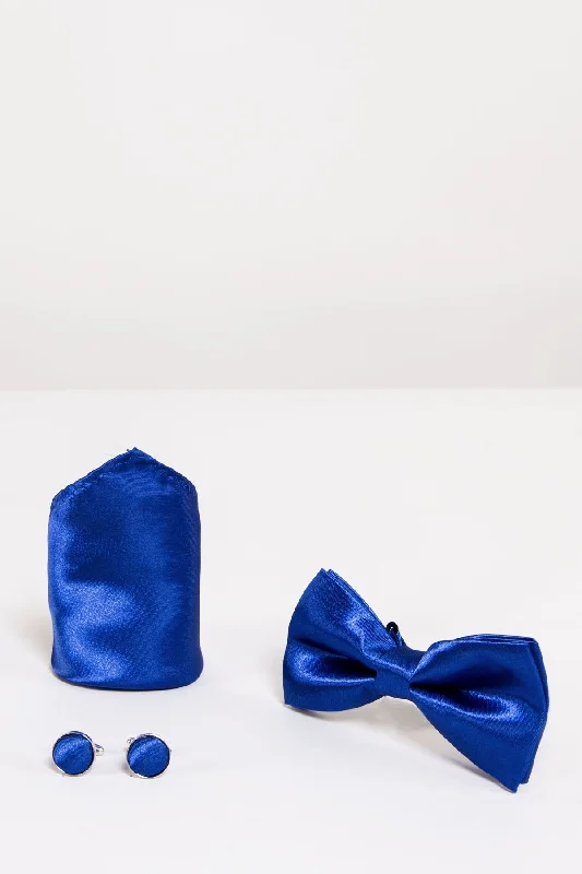 Royal Blue Satin Bow Tie, Cuff link and Pocket Square Set