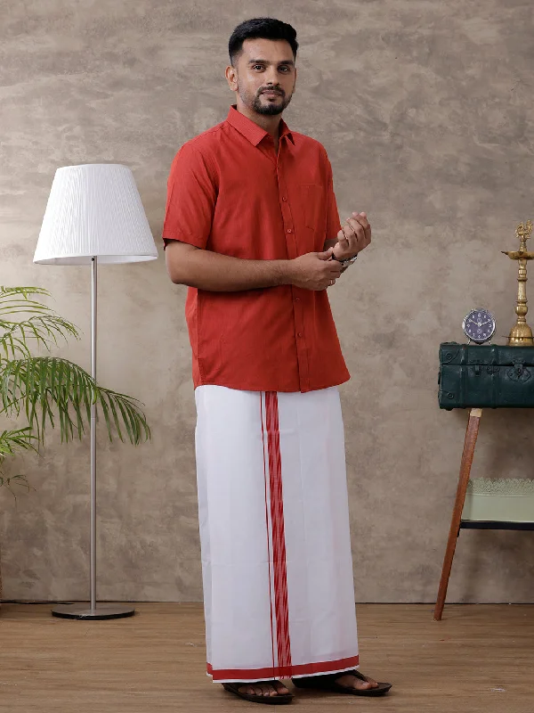 Men Red Matching Border Dhoti & Half Sleeves Shirt Set Evolution IC5