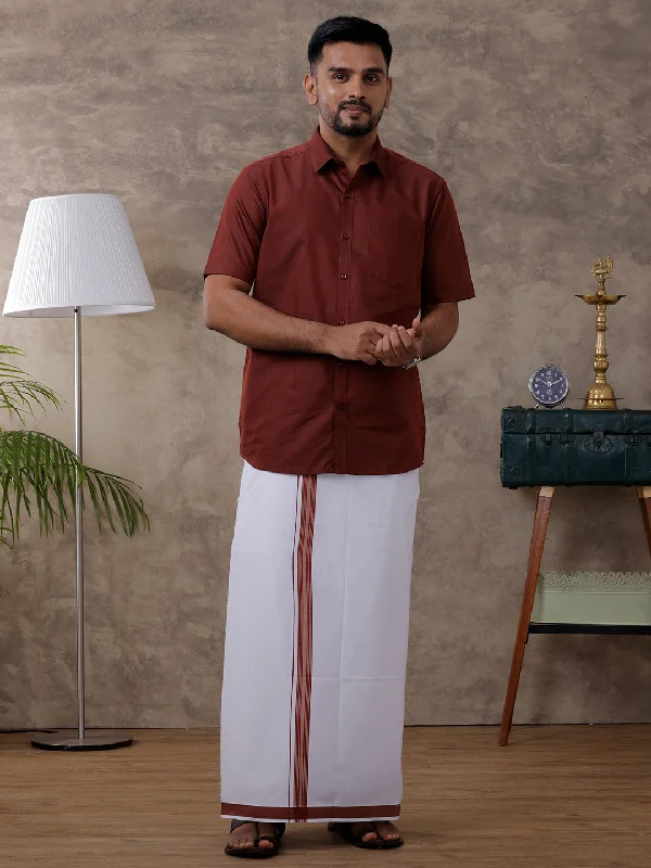 Men Brown Matching Border Dhoti & Half Sleeves Shirt Set Evolution IC7