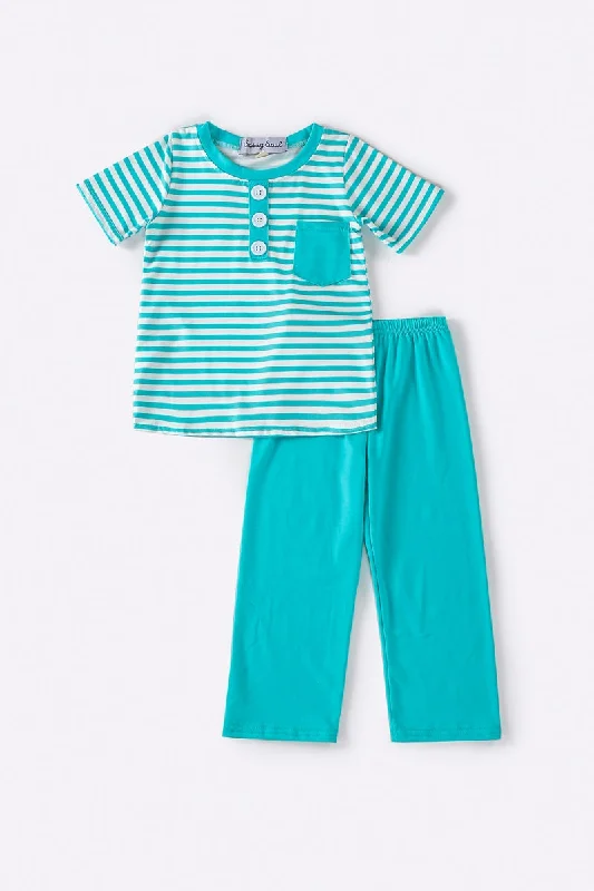 Teal stripe boy pants set