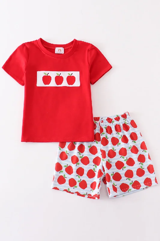 Red apple embroidery back to shoole boy set