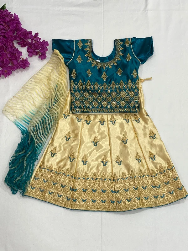 Traditional Teal Blue Color Satin Silk Lehenga Choli With Embroidery Work For Kids