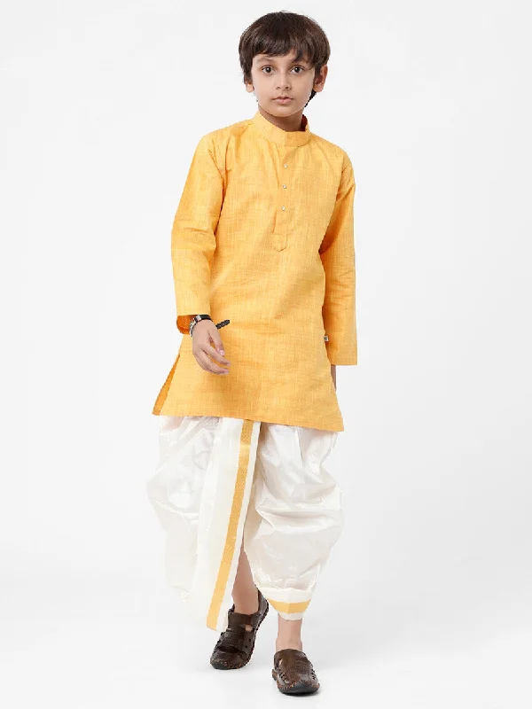 Boys Yellow Kurta & Art Silk Cream Panchakacham Set FS1