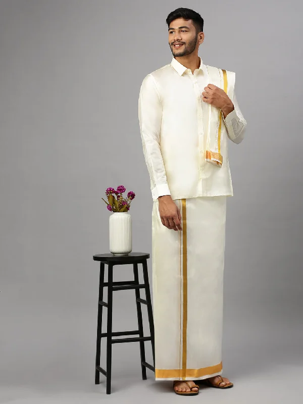 Men Art Silk Cream Full Sleeves Shirt Dhoti & Towel Combo