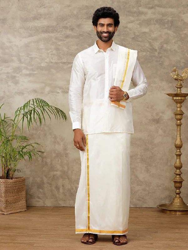 Men Cream Art Silk Full Sleeves Shirt Dhoti & Towel Combo