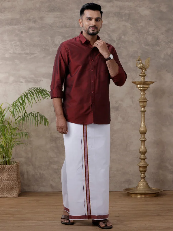 Men Matching Jari Border Dhoti & Shirt Set Full Maroon VB7