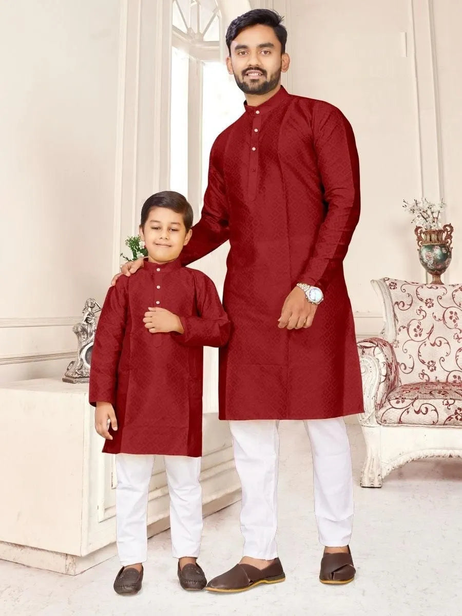 Silk Jacquard Kurta with Pajamas Set for Kids - Dark Red