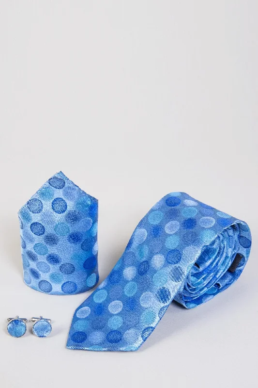 Blue Circle Print Tie, Cuff link & Pocket Square