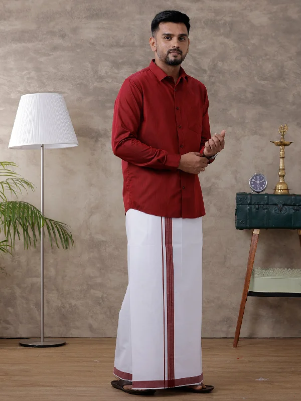 Men Dark Red Matching Border Dhoti & Full Sleeves Shirt Set Evolution IC9