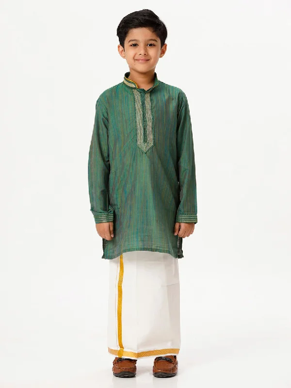 Boys Emerald Full Sleeves Dark Green Kurta with Dhoti Combo