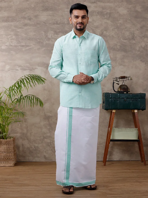 Men Matching Border Dhoti & Shirt Set Full Light Pista Green C83