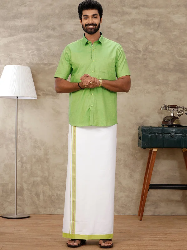 Men Cotton Matching Border Dhoti & Half Sleeves Shirt Parrot Green Set GL2