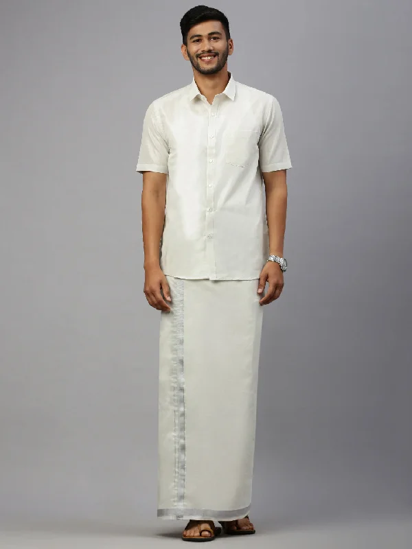 Men Tissue Silver Dhoti & Half Sleeves Shirt Set