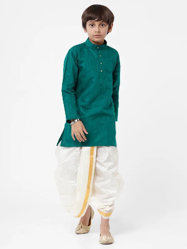 Boys Green Kurta & Art Silk Cream Panchakacham Set