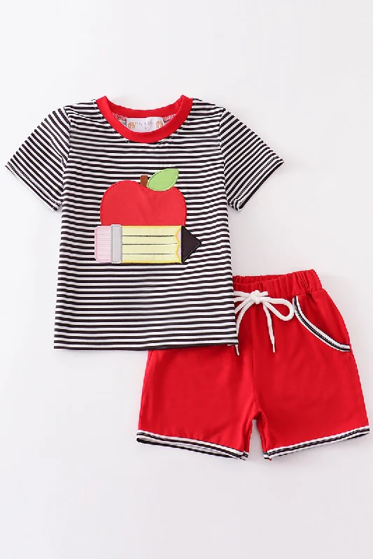 Red pencil applique boy set