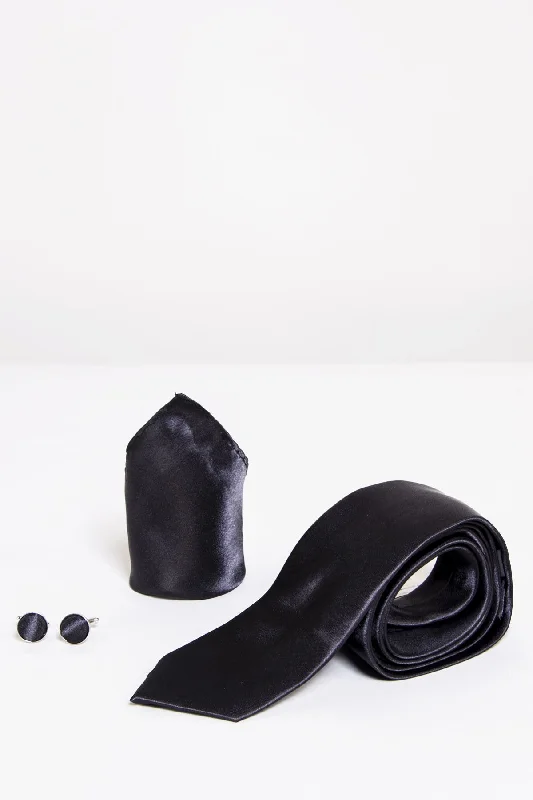 Black Satin Tie, Cuff link & Pocket Square