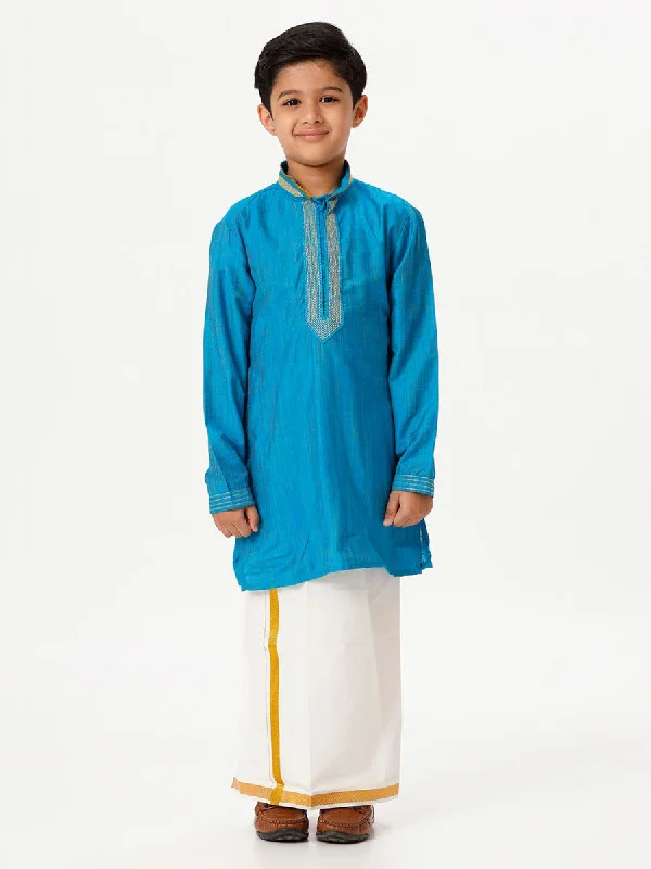 Boys Emerald Full Sleeves Sky Blue Kurta with Dhoti Combo