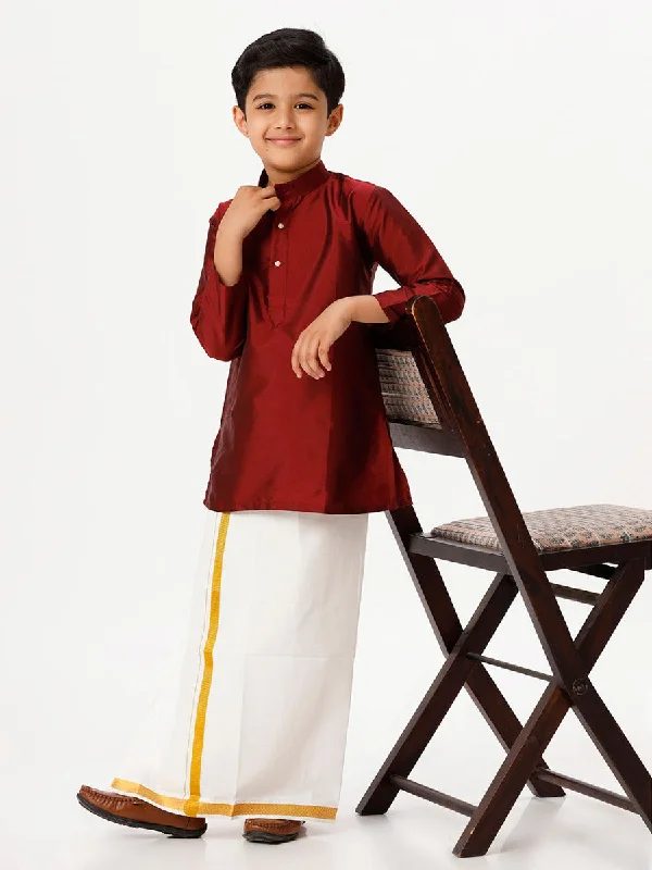 Boys Silk Cotton Full Sleeves Maroon Kurta with Gold Jari Dhoti Combo