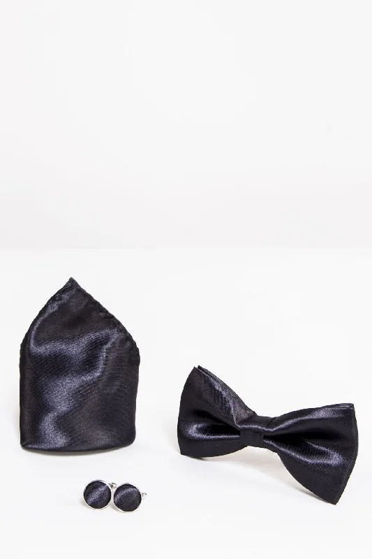 Satin Bow Tie, Cuff link and Pocket Square Set In Black