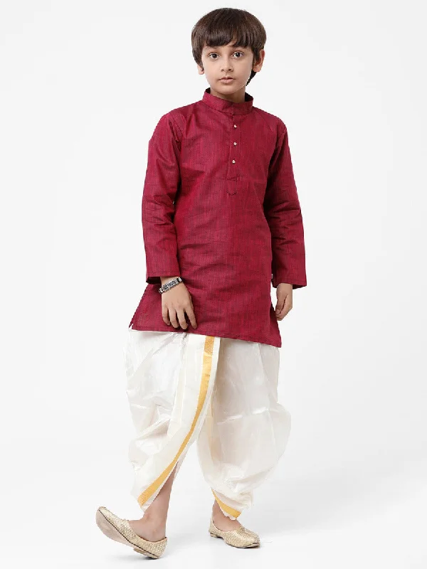 Boys Maroon Kurta & Art Silk Cream Panchakacham Set FS7