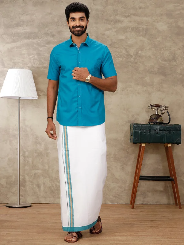 Men Cotton Matching Border Dhoti & Half Sleeves Shirt Blue Set GL15