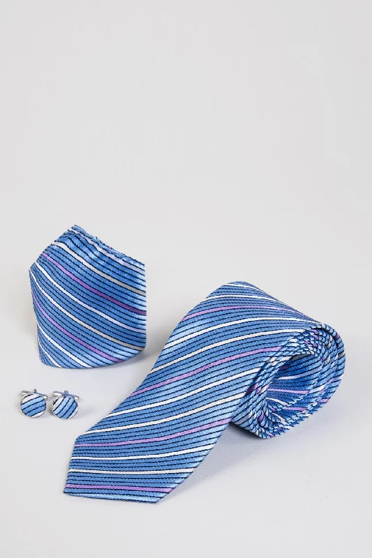 Sky Blue Stripe Print Tie, Cufflink & Pocket Square