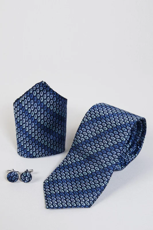 Blue Oval Tie, Cuff link & Pocket Square