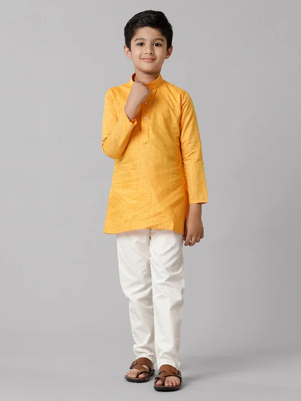 Boys Full Sleeves Yellow Kurta with Cream Pyjama Pant Combo FS1