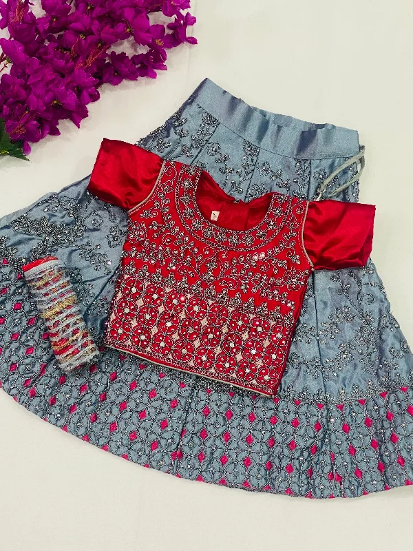 Beautiful Gray Color Satin Silk Lehenga Choli With Embroidery Work For Kids