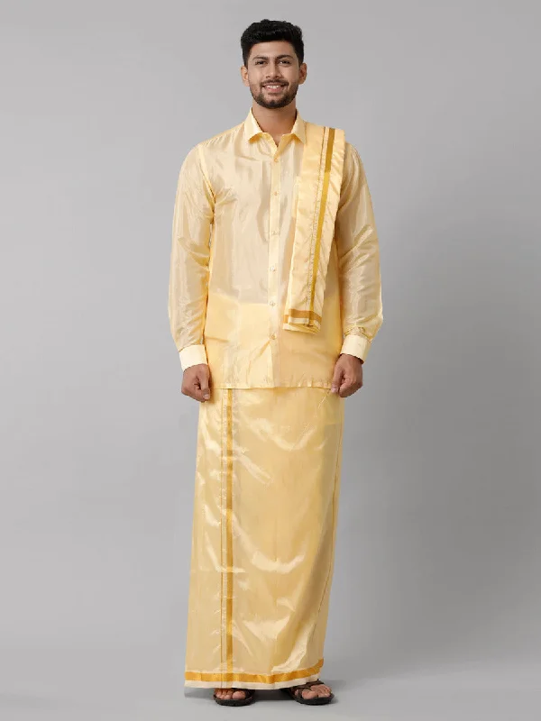 Men Art Silk Yellow Shirt Dhoti Towel Set Swayamvara