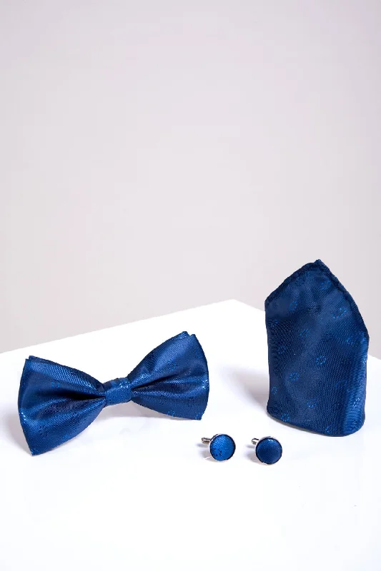 Navy Circle Print Bow Tie, Cuff link, Pocket Square