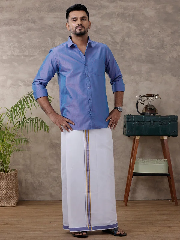 Men Matching Jari Border Dhoti & Shirt Set Full Blue VB5