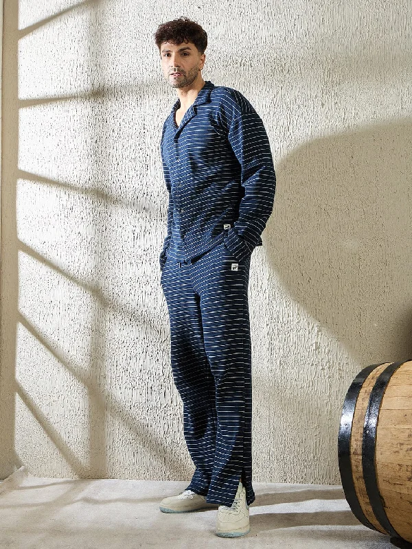 Navy Pinstriped Cuban Shirt and Boot Cut Trackpants Clothing Set