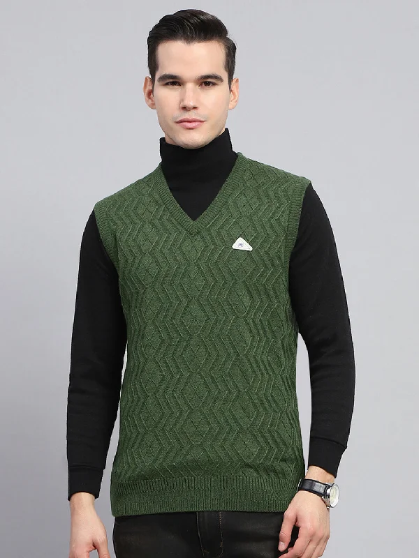 Men Olive Self Design V Neck Sleeveless Sweater