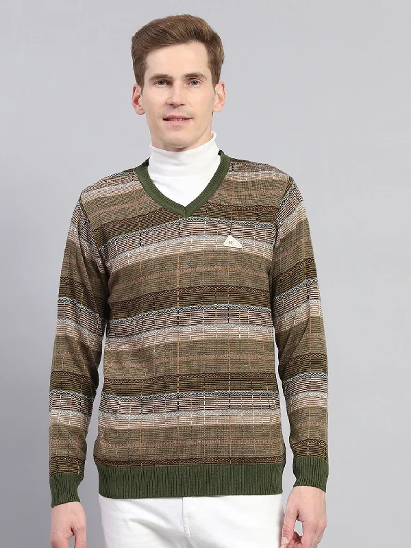 Men Green & Brown Stripe V Neck Full Sleeve Pullover