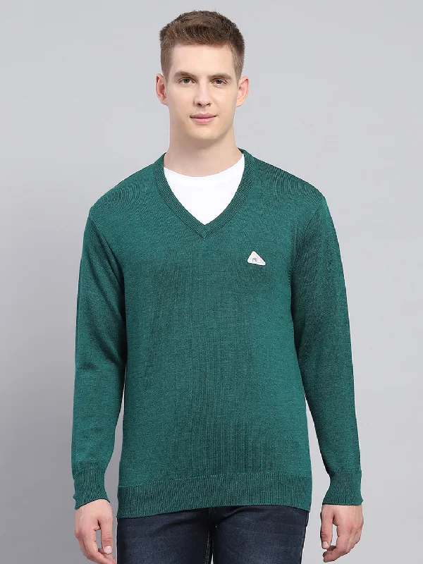 Men Green Solid V Neck Full Sleeve Pullover