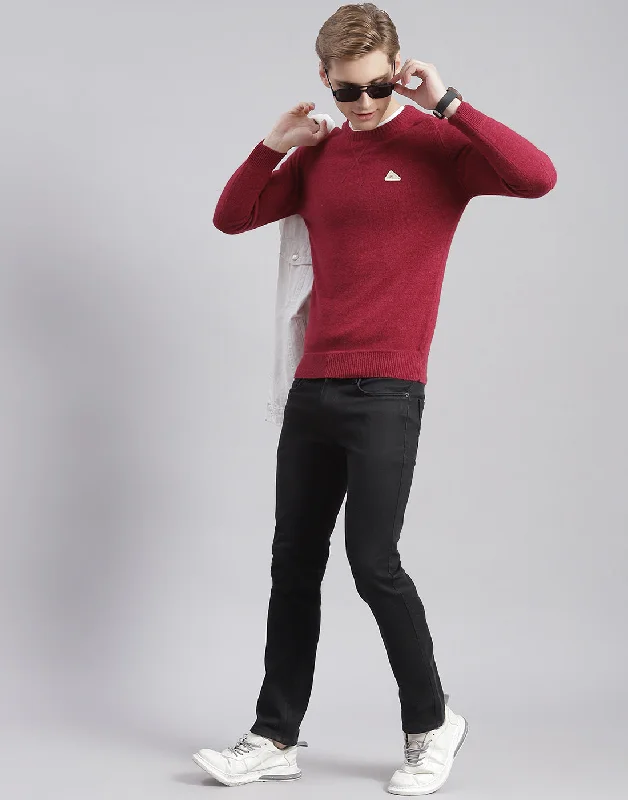 Men Maroon Solid Round Neck Full Sleeve Pullover