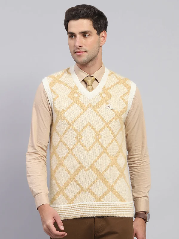 Men Beige Self Design V Neck Sleeveless Sweater