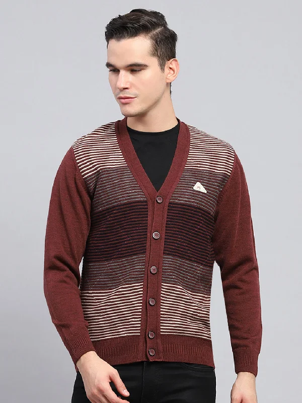 Men Maroon Stripe V Neck Full Sleeve Cardigan