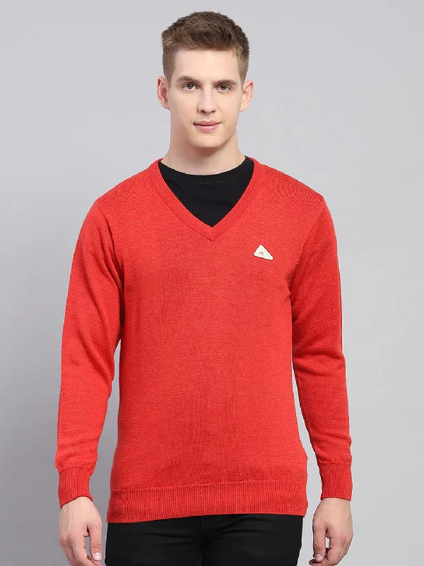 Men Red Solid V Neck Full Sleeve Pullover