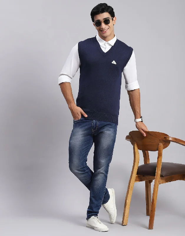 Men Navy Blue Solid V Neck Sleeveless Sweater