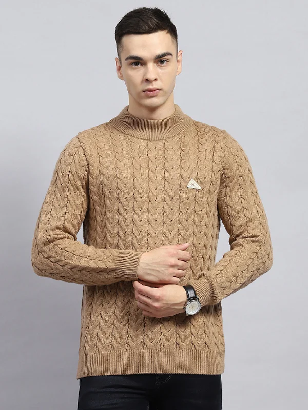 Men Brown Self Design High Neck Full Sleeve Pullover