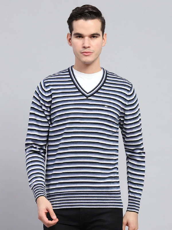 Men Blue Stripe V Neck Full Sleeve Pullover