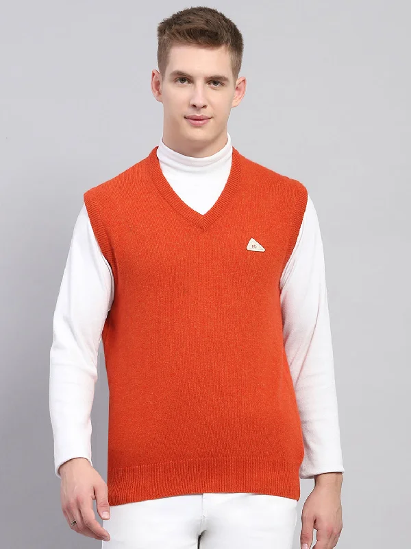 Men Orange Solid V Neck Sleeveless Sweater